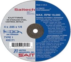 UNITED ABRASIVES-SAIT 23167 Abrasive Cut Wheel 4 Inch Diameter 0.625 Inch T 14 Inch Arbor Hole