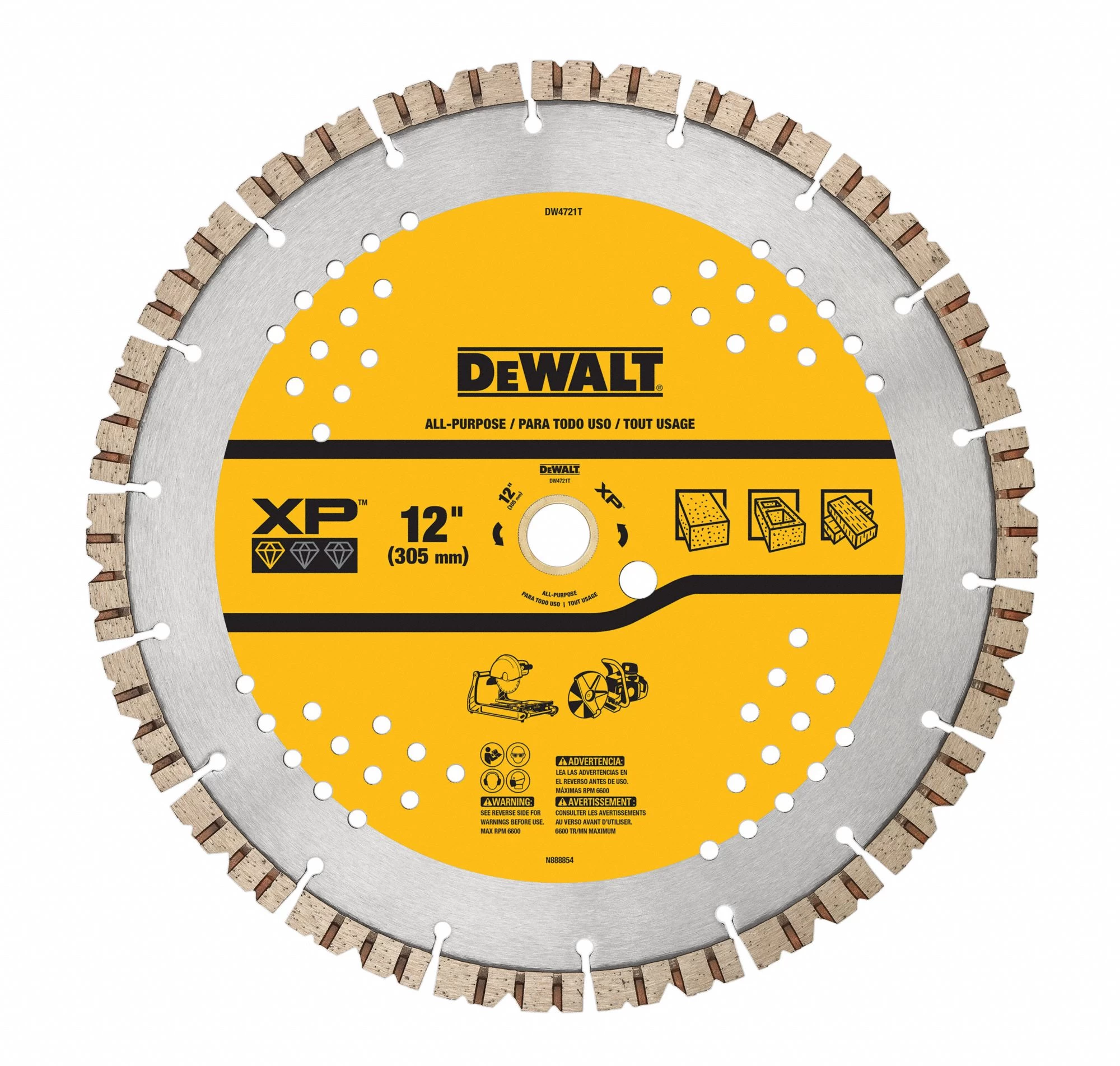 DEWALT DW4721T Diamond Saw Blade, 12 Inch Blade Dia., 6300 Rpm Max. Blade Speed 1 DEWALT DW4721T Diamond Saw Blade, 12 Inch Blade Dia., 6300 Rpm Max. Blade Speed